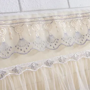 Exquisite lace embroidered air conditioner dust cover detail, elegant home decor fabric.