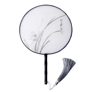 Traditional Chinese Style Hand Fan Translucent Silk Round Fan With Wood Handle Tassel For Hanfu Dance Photography
