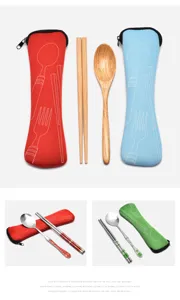 Portable cutlery set storage bag canvas pouch with stainless steel spoon and wooden chopsticks