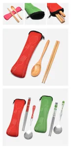 Portable tableware storage pouch set with wooden and metal chopsticks and spoons for outdoor dining.