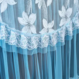 Close-up view of blue lace dust cover fabric with intricate floral mesh and ruffle trim.