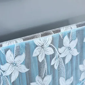 Blue and white floral lace TV dust cover fabric detail, elegant home decor protection screen.