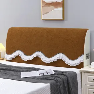 Brown velvet headboard cover with white ruffled edge dustproof protective slipcover for bed.