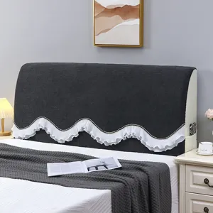 Dark grey headboard cover soft fleece bed backrest protector with elegant white ruffled trim