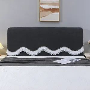 Dark grey bed headboard cover with elegant white ruffled wave edge, dustproof protector.