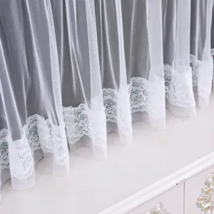 White sheer lace TV dust cover detail shot, elegant fabric lace home decor lace curtain.