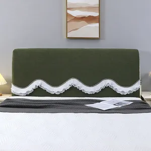 Dark green headboard cover with white ruffle design, stretchy dustproof bed back protector.