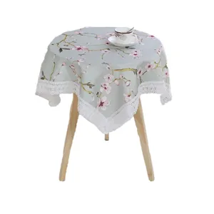 Floral round tablecloth with lace trim, cotton linen fabric small table cover for home decor.