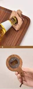 Detailed close-up of natural acacia wood bottle opener featuring magnetic back and leather cord.