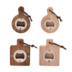 Wooden magnetic bottle opener set, creative round and square beer opener with leather lanyard.
