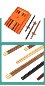 Chinese style wenge wood chopsticks set detail, luxury metal tipped portable tableware gift box.