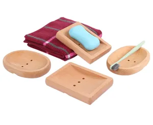 Wooden soap dish set with draining holes, natural beech wood bathroom soap holder accessories.