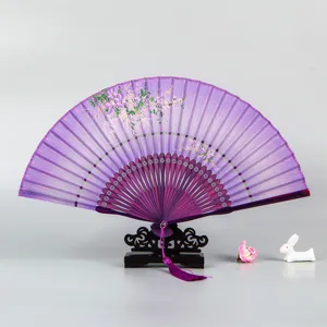 Chinese style purple silk folding fan with stand elegant antique hand fan for gift decor