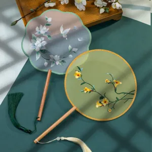 Chinese Style Retro Embroidery Round Palace Fan Hanfu Tassel Hand Fan Classical Floral Wooden Handle Dance Fan