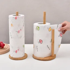 Wooden paper towel holder stand for kitchen countertop, desktop tissue roll storage rack.