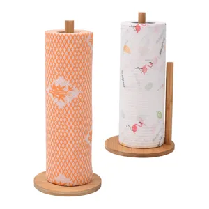 Wooden vertical paper towel holder and lazy rag stand with printed rolls for kitchen use.