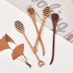 Long wooden stirring spoon for coffee honey dessert, creative honey dipper kitchen tool.