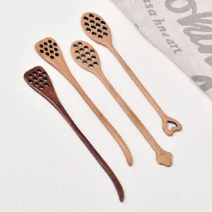 Long wooden honey stirring spoons, honeycomb cutout coffee stir sticks for dessert milk tea.