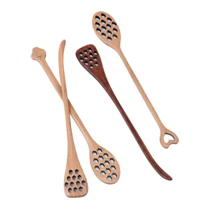 Wooden honey dipper sticks long handle coffee stirring spoons honeycomb design kitchen tool