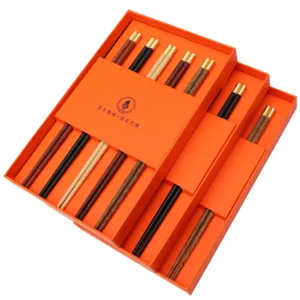 Wooden chopstick gift set 5 pairs in luxury orange box with gold tips for home kitchen use