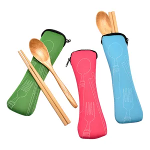 Portable Canvas Cutlery Pouch Storage Bag Zipper Travel Tableware Organizer Case For Fork Spoon And Chopsticks
