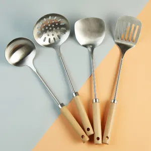 Stainless Steel Cooking Utensils Long Handle Spatula Soup Spoon Colander With Beech Wood Handle Kitchen Cookware Set
