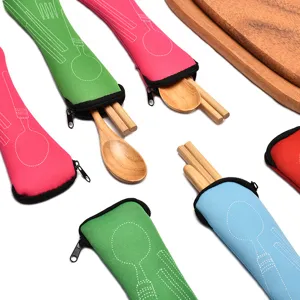 Portable cutlery storage bag set, colorful canvas zipper pouch with wooden spoon and chopsticks.