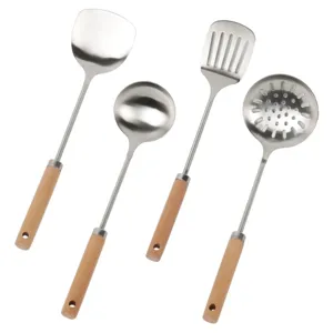 Stainless steel kitchen cooking utensil set with wooden handle soup spoon and spatula.
