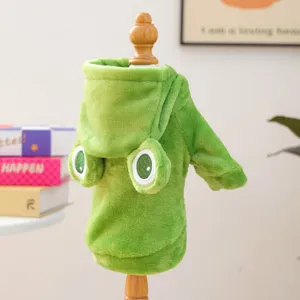 Cute green frog plush pet hoodie costume for small dogs and puppies, warm winter apparel detail.