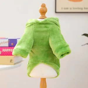 Green plush pet hoodie detail shot, soft fuzzy fabric and cute hood for small dogs and puppies.