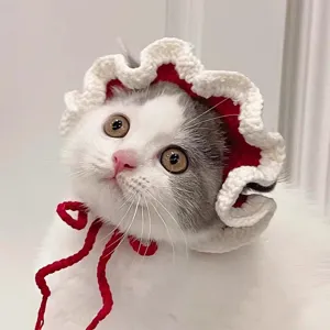 Handmade Knitted Lace Pet Hat Cute Cat Bonnet Ruffled Red White Headwear for Cats Dogs