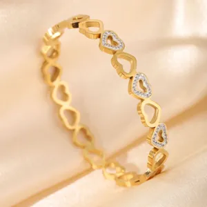 Gold stainless steel heart link bracelet, elegant rhinestone fashion bangle jewelry accessory