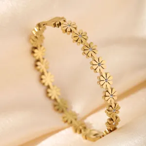 Gold stainless steel daisy flower rhinestone link bracelet elegant women fashion jewelry item