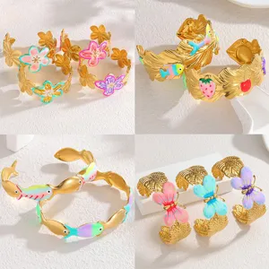 Bracciale Aperto in Aciaio Inossidabile per Donna Placcato Oro Smalto Floreale Farfalla Pesce Gioielli alla Moda