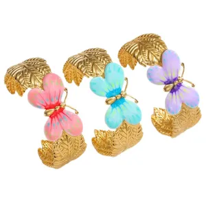 Bracciale polsino aperto a farfalla in acciaio inossidabile smalto design foglia d'oro.