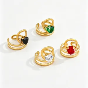 Gold stainless steel heart zircon rings set detail view showing black green white red stones.