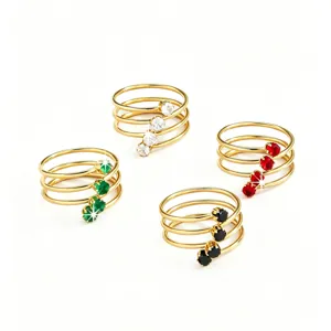 Multi-loop gold tone stainless steel rings featuring sparkling colorful cubic zirconia stones.