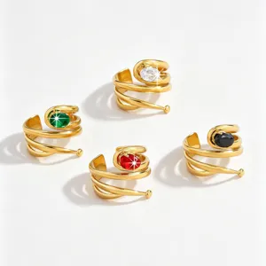 18k gold plated stainless steel multi-layer ring featuring colorful cubic zirconia stones.