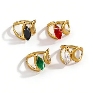 Elegant 18k gold plated brass rings featuring colorful marquise zircon in four colors.