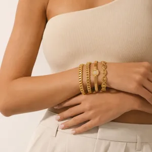 Gold-plated stainless steel stackable bracelet set, elegant geometric design for women.