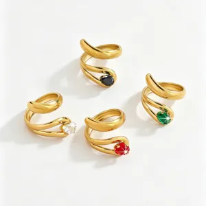 Gold plated stainless steel spiral snake rings set with colorful cubic zirconia stones.