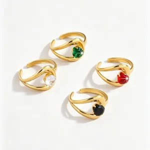 Elegant stainless steel 18k gold plated open rings set with colorful cubic zirconia.