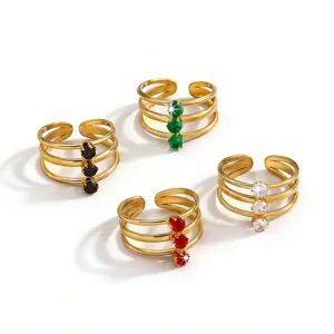 French vintage multi-layer open rings set with colorful cubic zirconia in gold-tone steel.
