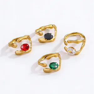 Detailed shot of French retro stainless steel open rings with vibrant colored zircon stones.