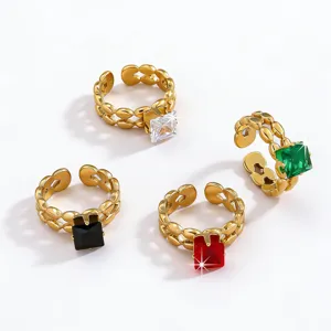 French vintage stainless steel open rings with square cubic zirconia and chain link design.