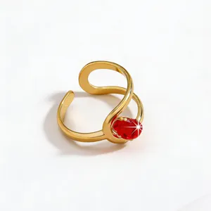 Close-up of vintage red zircon gold open ring, highlighting exquisite court style details.