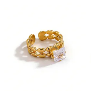 French vintage stainless steel open ring with sparkling square zircon, elegant gold chain link.