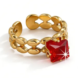 Stainless steel red zircon ring, vintage open finger ring for women fashion jewelry