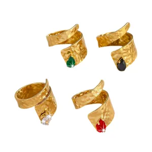 French vintage stainless steel open ring with colorful zircon, elegant palace style fashion.