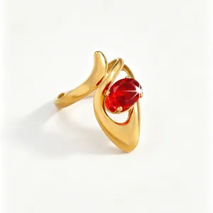 Exquisite gold-plated ring featuring an oval red zirconia with sleek modern design style.